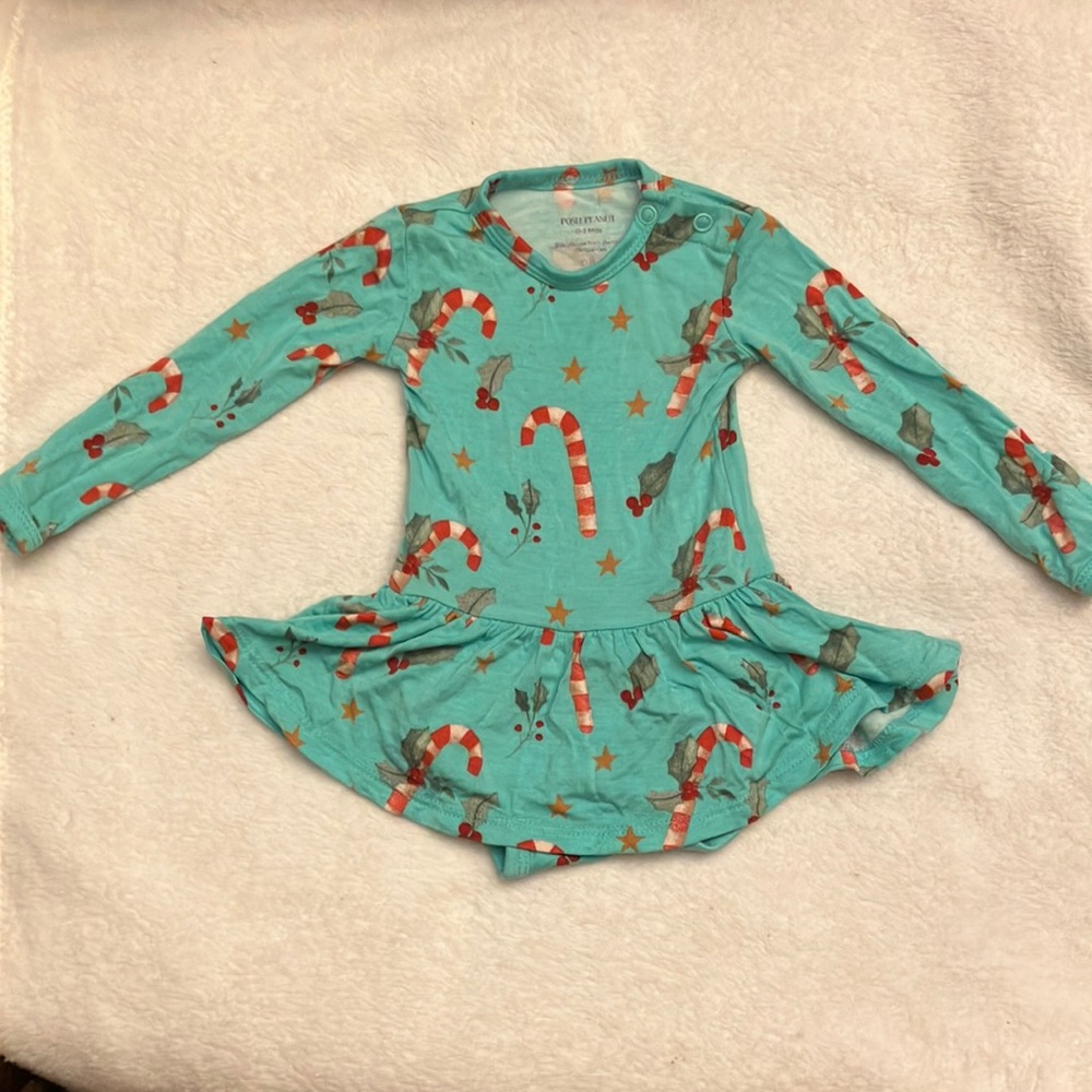 Posh Peanut “Candy Canes” LS Twirl Bodysuit dress 0-3 month VGUC
